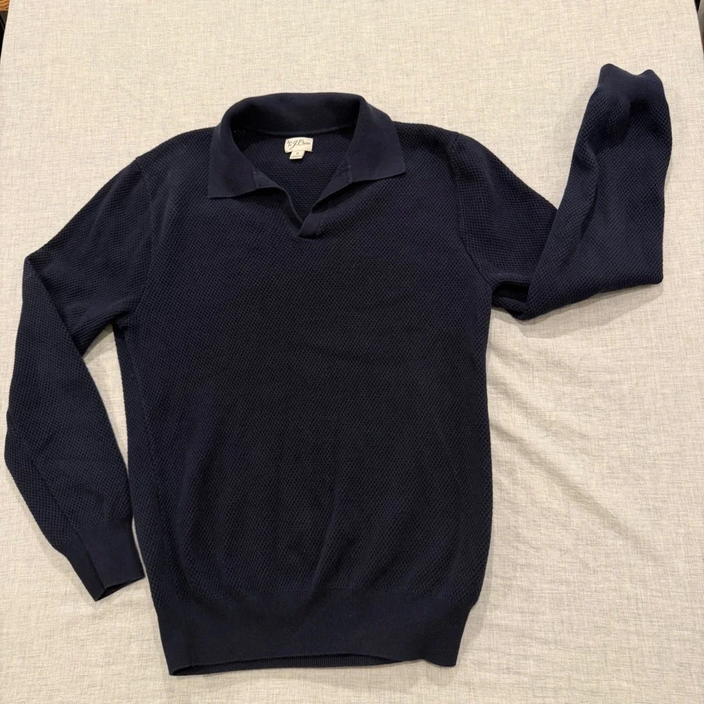 J.Crew Mens Navy Blue Textured Knit Johnny Collar 100% Cotton Polo Sweater Small